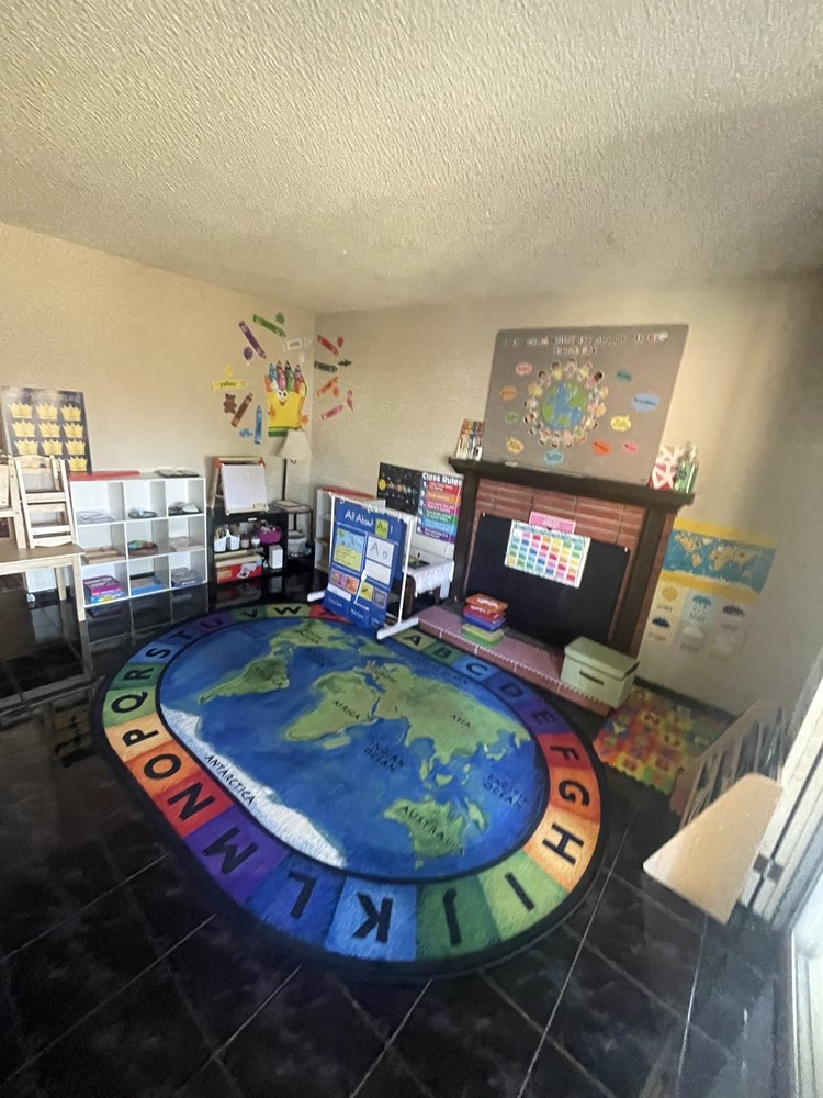 Classroom with world map rug