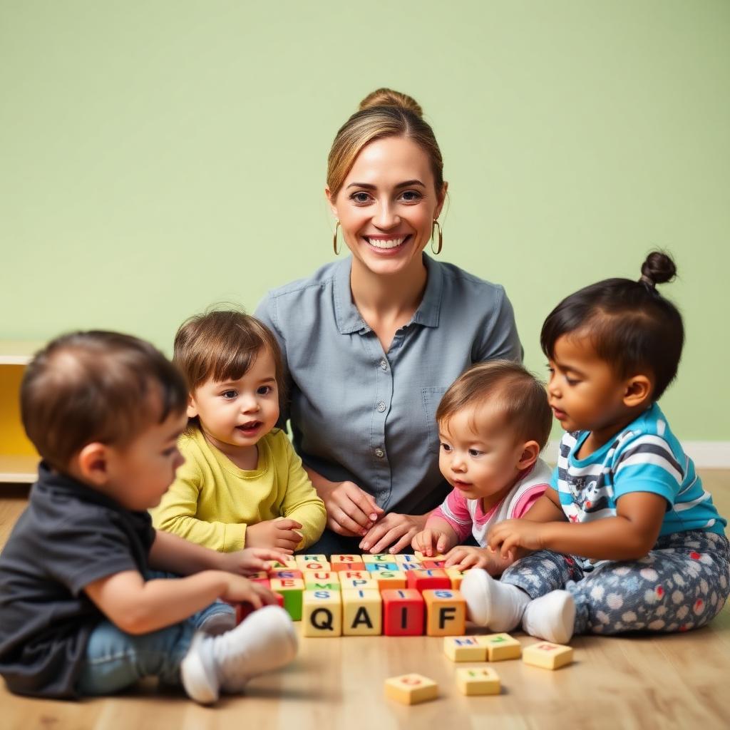 Teacher with children learning alphabet blocks
