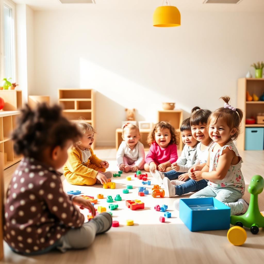 Preschool children learning and playing in a bright classroom
